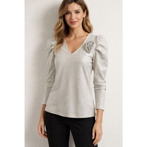 Women's ALEX & PARKER Silver Shimmer Blouse with Puff Sleeves S